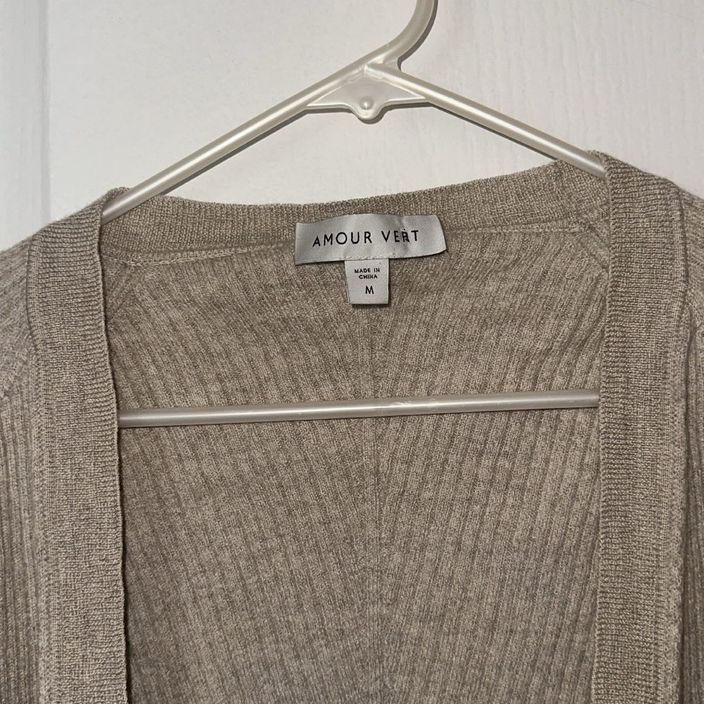 Amour Vert Light Taupe Wool Ribbed Knit Open Front Cardigan Sweater SZ Medium - Picture 2 of 10